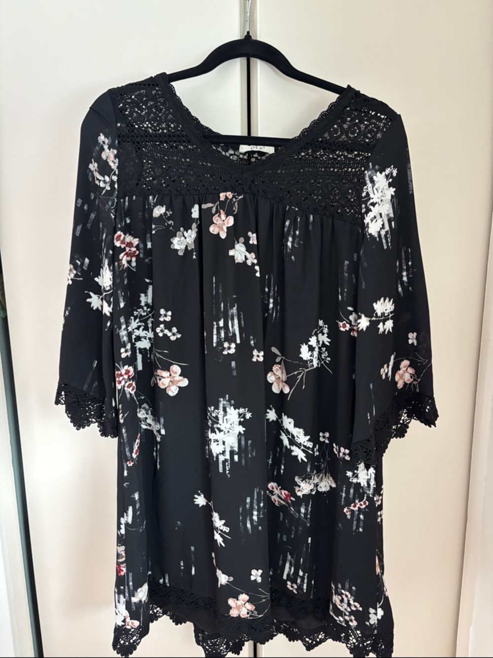 Floral Crochet-Trim Black Women’s Tunic Dress